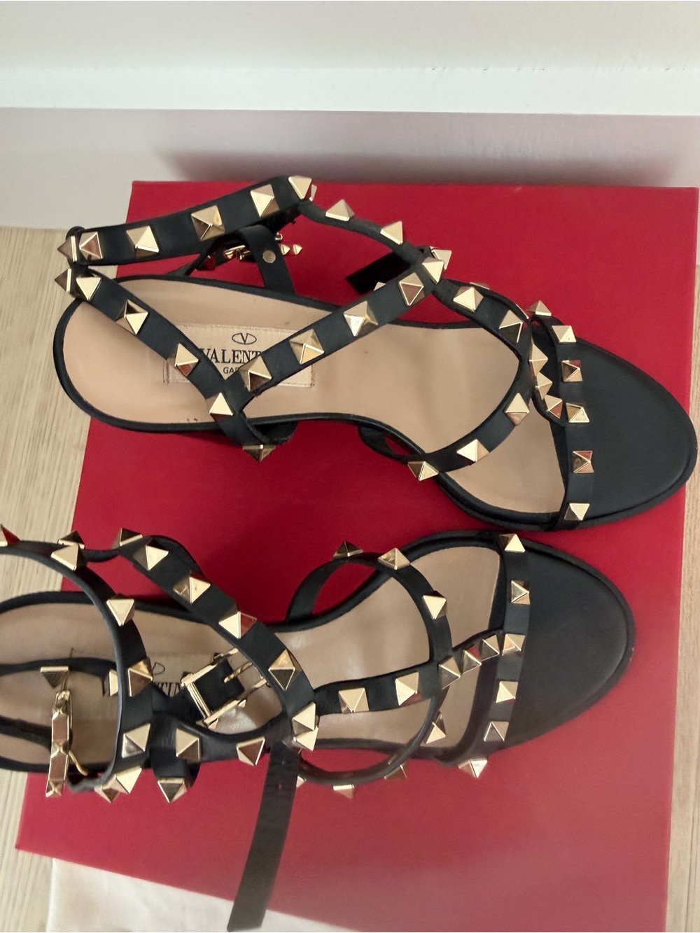 Valentino Black Leather Rockstud Strappy Heels with Gold Studs - Picture 6 of 7